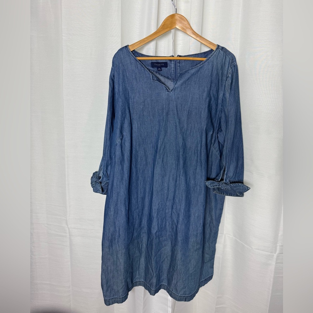 Talbots Denim Blue Chambray Dress 20 W Split Neck Tie Cuffs 100% Cotton